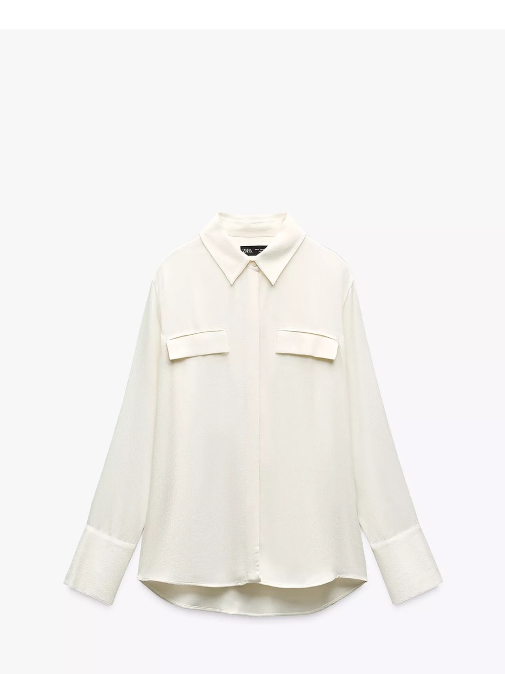 ZARA NWT Satin Effect Pocket Button Down Shirt Oyster White ZW Collection Medium
